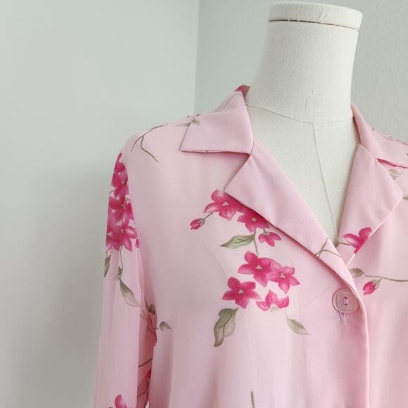 Vintage Y2K Studio I Pink Floral Sheer Button Down Blouse Tie Back S/M - Picture 3 of 10